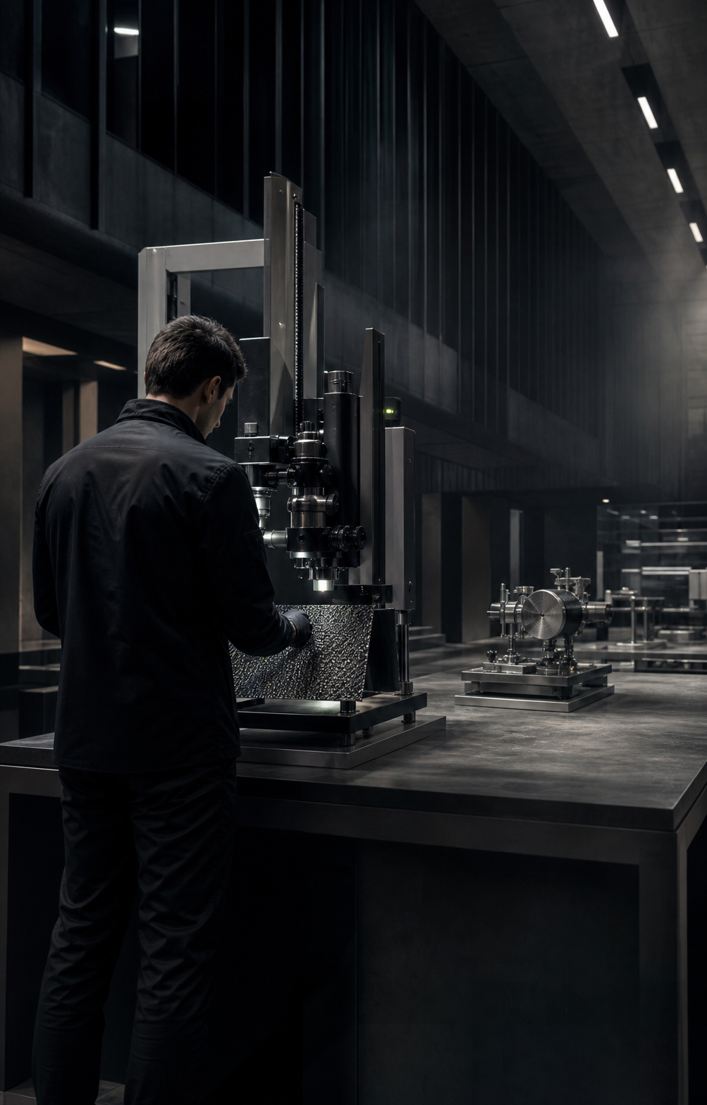 Materials scientist operating a precision textile testing system
